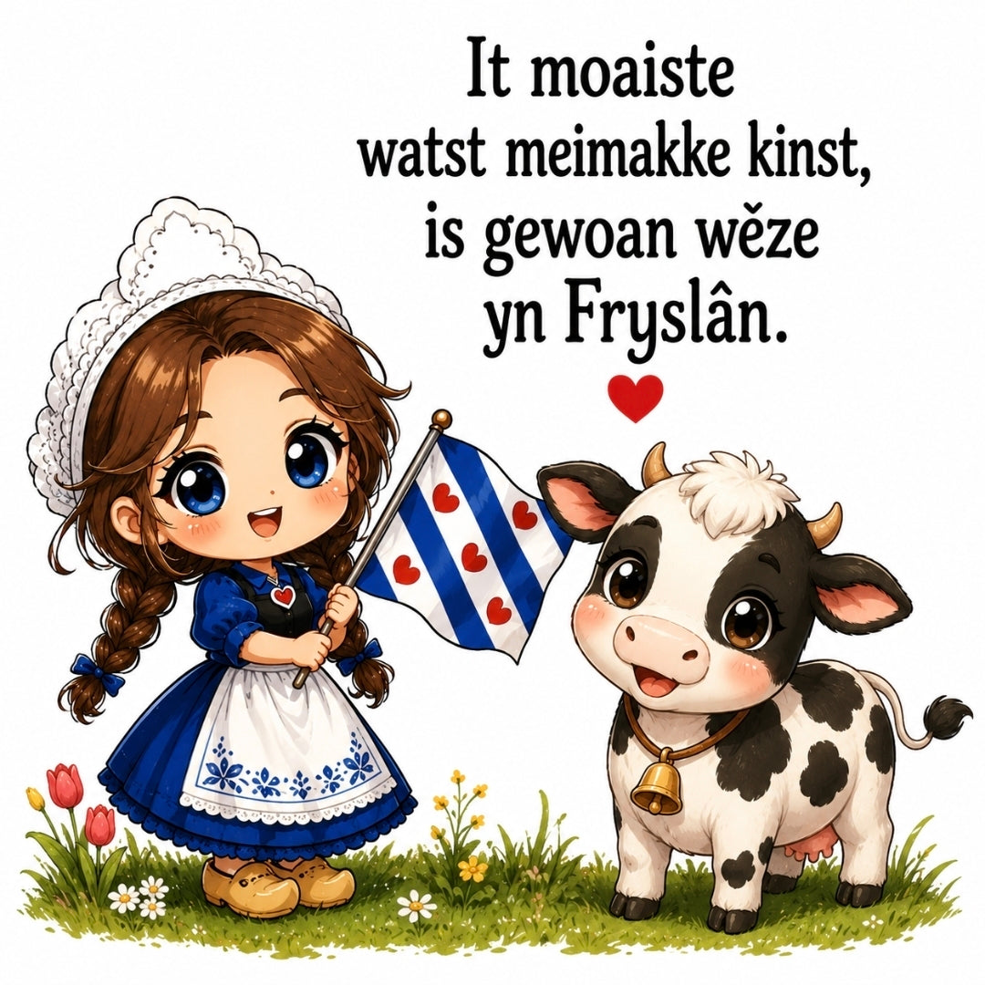 Fries tegeltje met meisje in klederdracht, Friese vlag en koe met tekst It moaiste watst meimakke kinst is gewoan weze yn Fryslan
