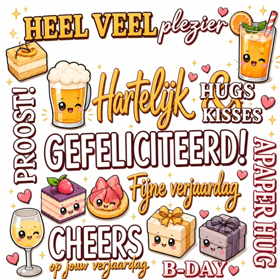 Verjaardagstegeltje met kawaii illustraties en teksten Gefeliciteerd Fijne verjaardag