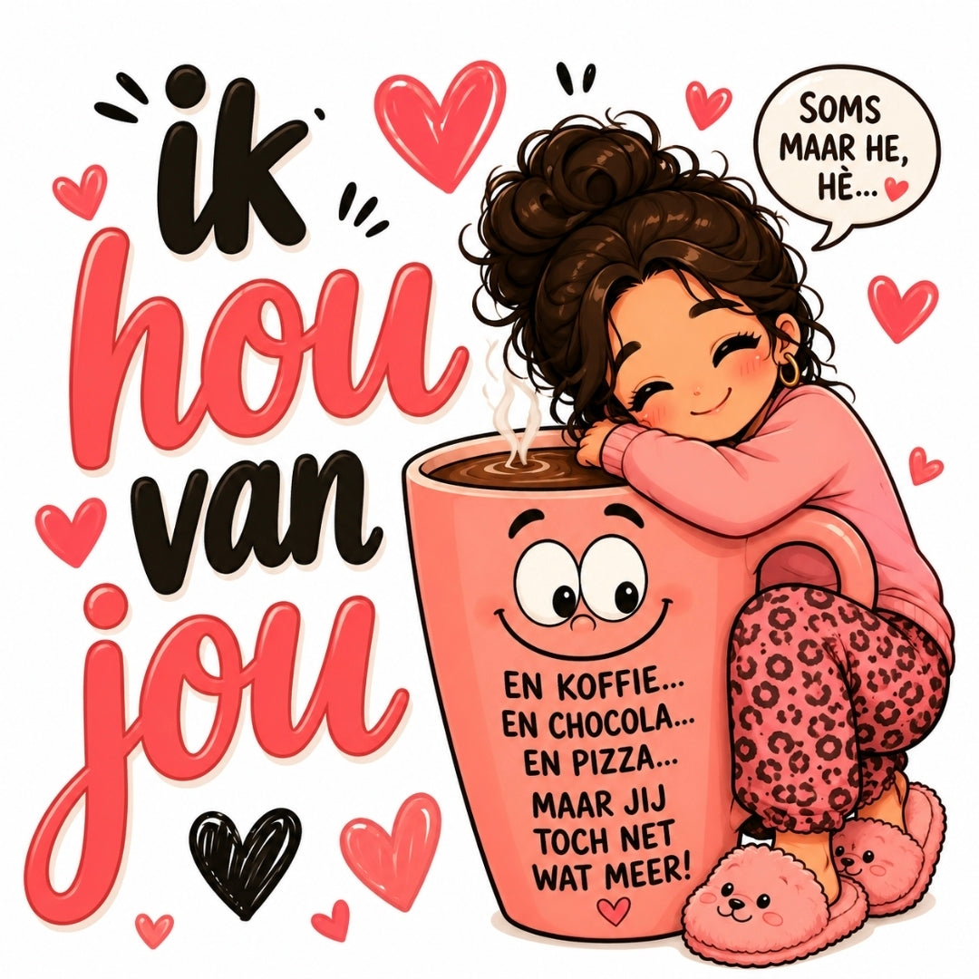 Lief tegeltje met meisje dat knuffelt met koffiemok en tekst Ik hou van jou maar jij toch net wat meer