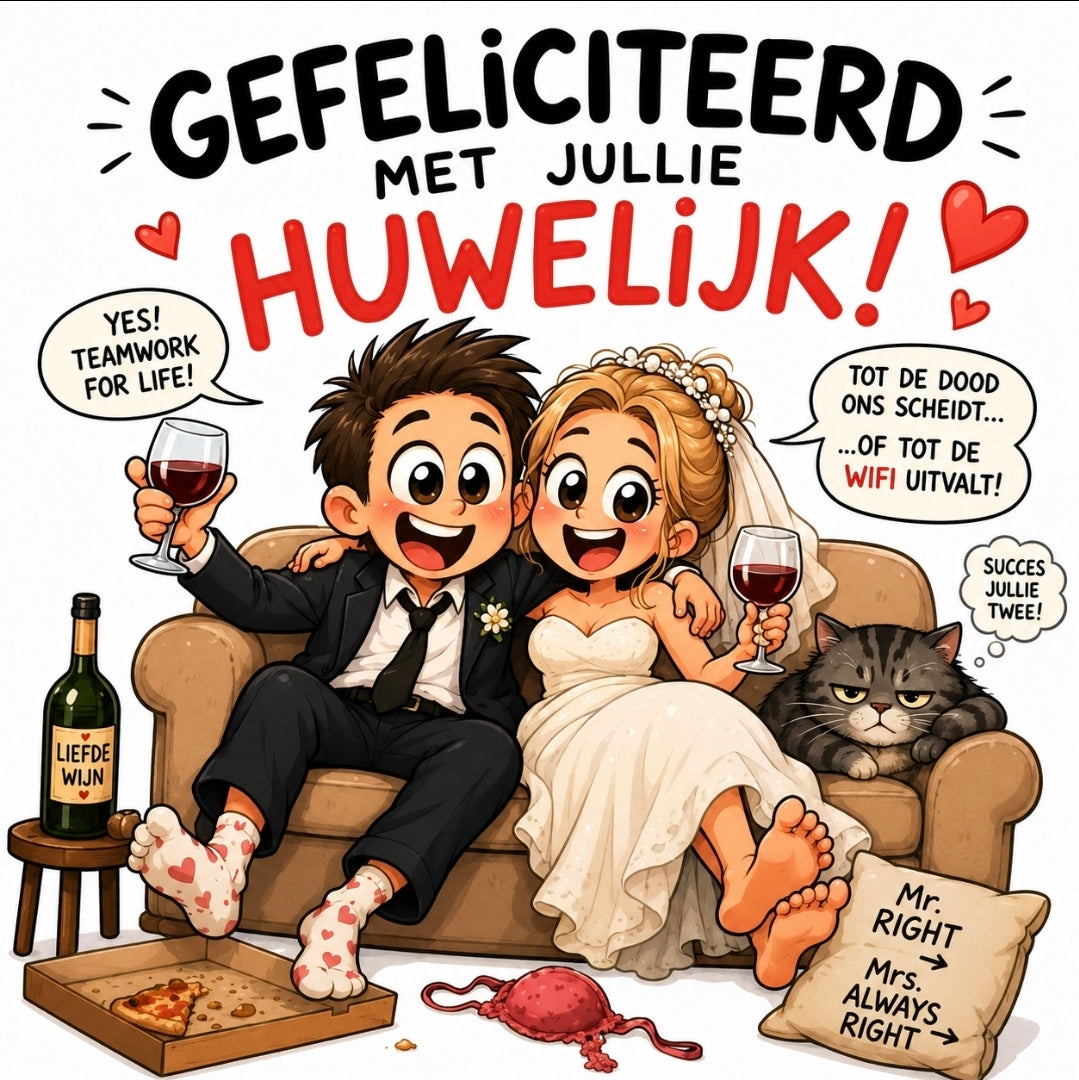 Grappig huwelijkstegeltje met bruidspaar op bank en tekst Gefeliciteerd met jullie huwelijk