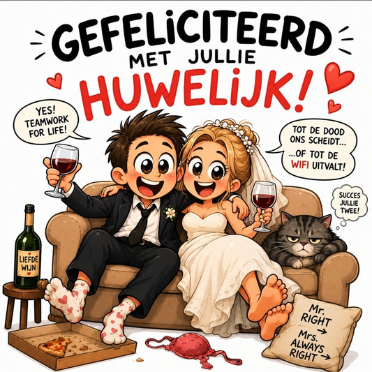 Grappig huwelijkstegeltje met bruidspaar op bank en tekst Gefeliciteerd met jullie huwelijk