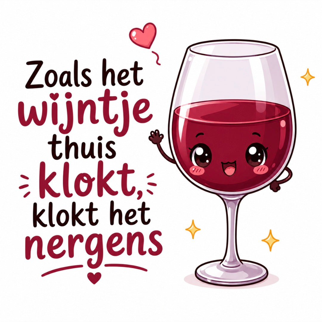 Grappig tegeltje met kawaii wijnglas en tekst Zoals het wijntje thuis klokt klokt het nergens