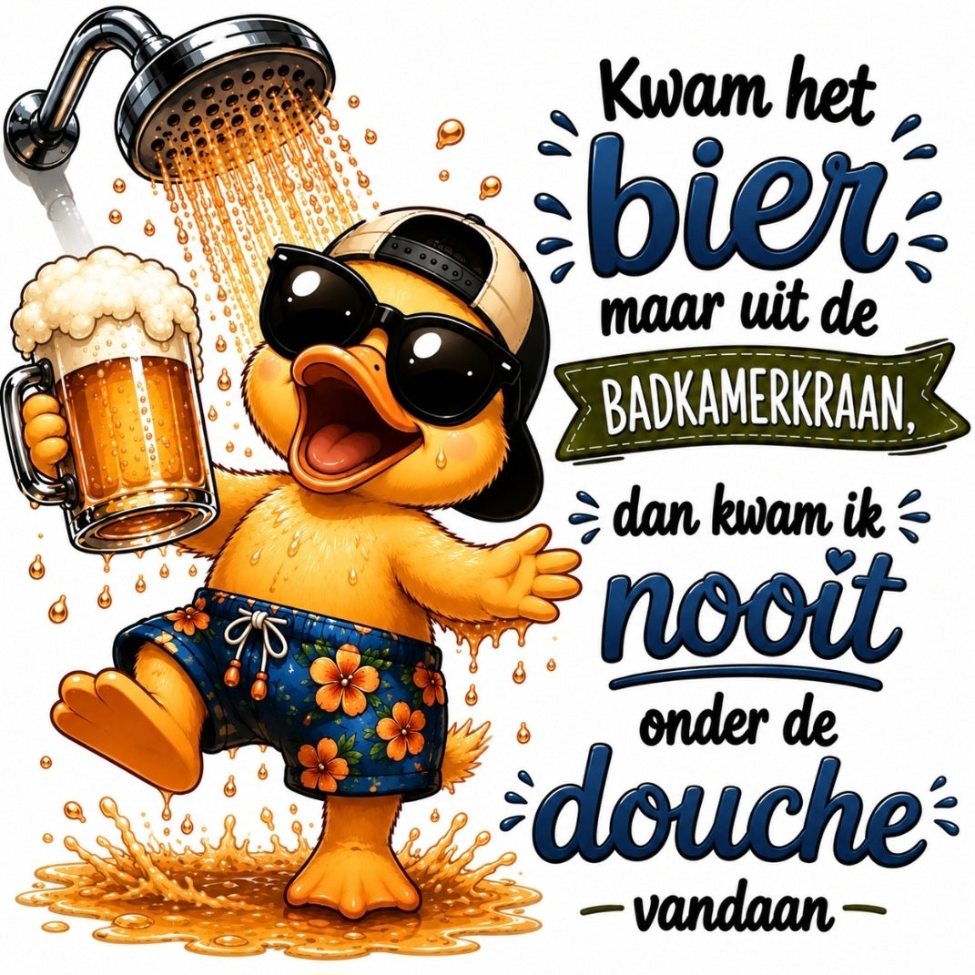 Grappig tegeltje met bier-quote en eendje onder de douche