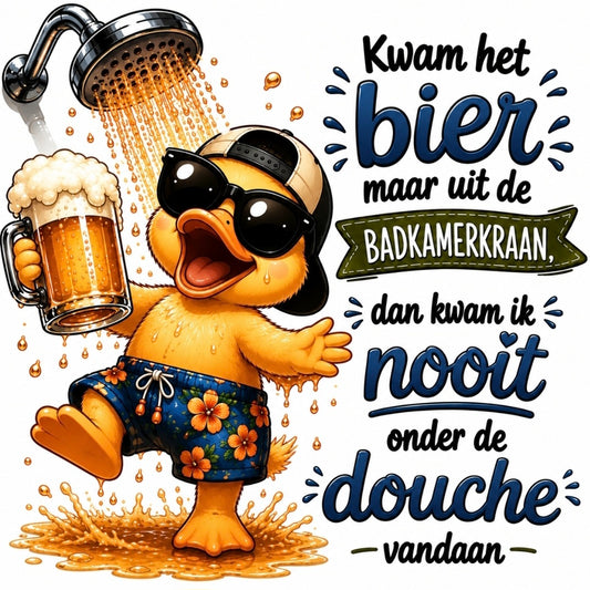 Grappig tegeltje met bier-quote en eendje onder de douche